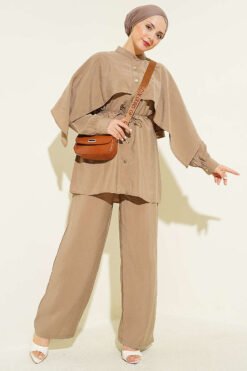 Shoulder Cape with Gold Button Two-Piece Set Mink groothandel clothing set - Hicabistan Turkije fabriek