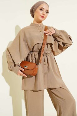 Shoulder Cape with Gold Button Two-Piece Set Mink groothandel clothing set view 2 - Hicabistan Turkije fabriek