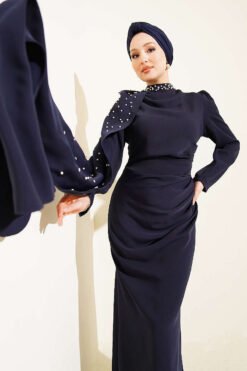Shoulder Cape Pearl Evening Dress Navy Blue
