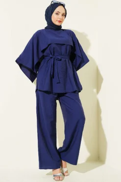Shoulder Cape Tie Two-Piece Set Navy Blue