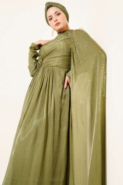 Shoulder Cape Embellished Evening Dress Khaki Großhandel dress view 2 - Hicabistan Türkei Fabrik