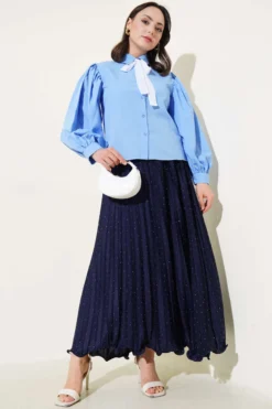 Alternative view of Shoulder Pleated Balloon Sleeve Short Shirt Blue