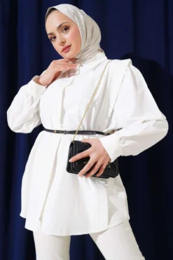 Shoulder Pleated Belted Shirt Ecru