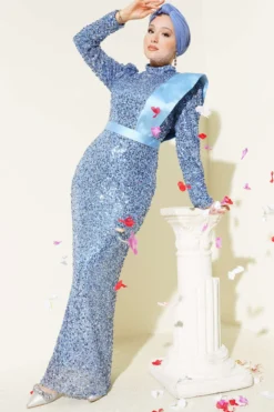 Shoulder Satin Panel Sequin Evening Dress Baby Blue en gros dress - Hicabistan usine Turquie