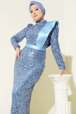 Shoulder Satin Panel Sequin Evening Dress Baby Blue en gros dress view 2 - Hicabistan usine Turquie
