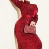 Shoulder Satin Panel Sequin Evening Dress Burgundy wholesale dress - Hicabistan Turkey factory