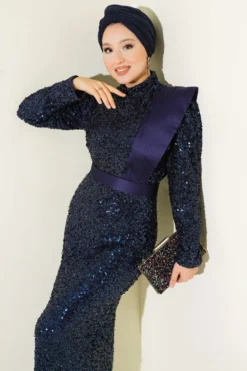Shoulder Satin Panel Sequin Evening Dress Navy Blue en gros dress - Hicabistan usine Turquie