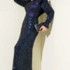 Shoulder Satin Panel Sequin Evening Dress Navy Blue wholesale dress view 2 - Hicabistan Turkey factory