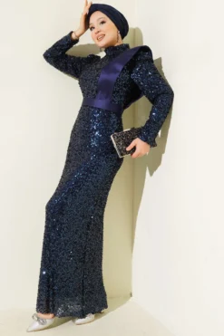 Shoulder Satin Panel Sequin Evening Dress Navy Blue en gros dress view 2 - Hicabistan usine Turquie