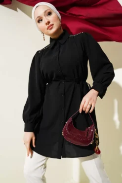 Shoulder Stone Detail Tie Belt Shirt Black