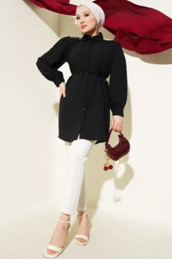 Alternative view of Shoulder Stone Detail Tie Belt Shirt Black