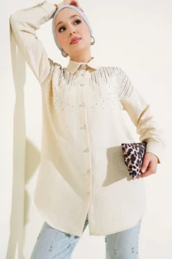 Shoulder Stone Embellished Shirt Beige
