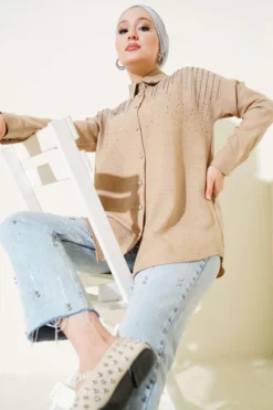 Shoulder Stone Embellished Shirt Camel
