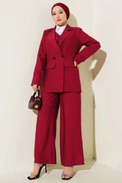 Shoulder Pad Blazer with Vest Three-Piece Set Burgundy