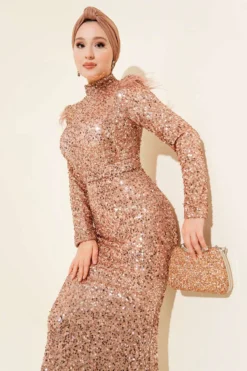 Feathered Sequin Evening Dress en gros dress view 2 - Hicabistan usine Turquie