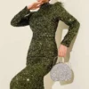 Feathered Sequin Evening Dress Khaki wholesale dress view 2 - Hicabistan Turkey factory