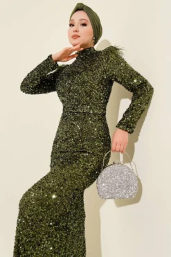 Feathered Sequin Evening Dress Khaki en gros dress view 2 - Hicabistan usine Turquie