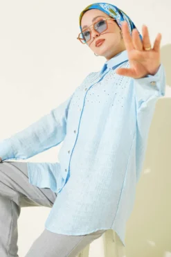 Shoulder Stone Detailed Shirt Blue all'ingrosso shirt - Hicabistan fabbrica Turchia