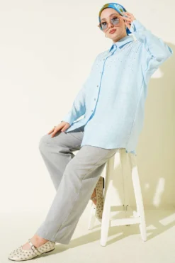 Shoulder Stone Detailed Shirt Blue all'ingrosso shirt view 2 - Hicabistan fabbrica Turchia