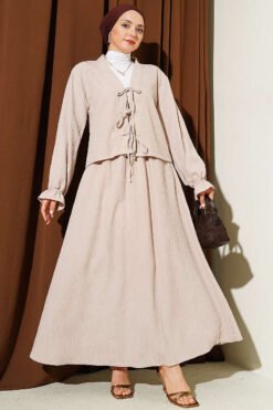 Laced Front Tree Bark Skirt Set Beige