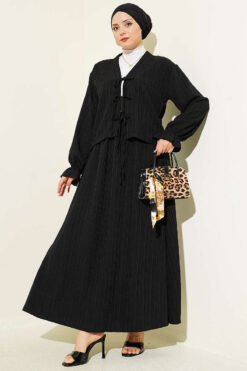 Laced Front Tree Bark Skirt Set Black