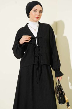 Vista alternativa di Laced Front Tree Bark Skirt Set Black