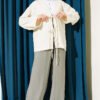 Laced Front Detailed Linen Kimono Beige groothandel kimono view 2 - Hicabistan Turkije fabriek