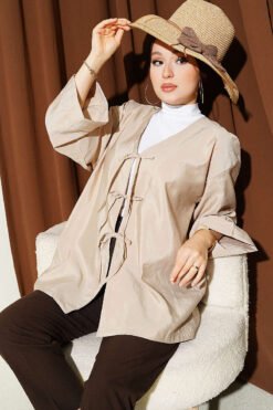 Tie-Front Oversized Parachute Kimono Beige
