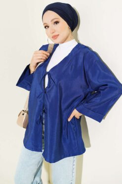 Tie-Front Oversized Parachute Kimono Navy Blue