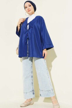 Vue alternative de Tie-Front Oversized Parachute Kimono Navy Blue