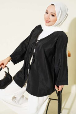Tie-Front Oversized Parachute Kimono Black