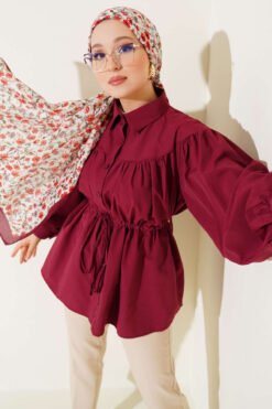 Gathered Front Belt Tunic Shirt Burgundy groothandel shirt - Hicabistan Turkije fabriek