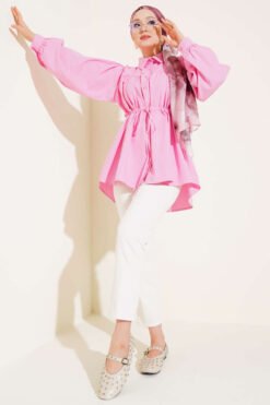 Gathered Front Belt Tunic Shirt Pink بالجملة shirt view 2 - Hicabistan مصنع تركيا
