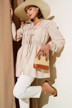 Gathered Front Elastic Cuff Kimono Beige