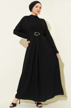 Dress with Drawstring Front and Gold Buckle Black