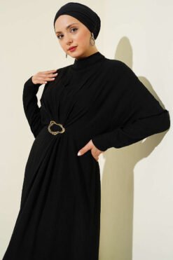 Alternative view of Dress with Drawstring Front and Gold Buckle Black