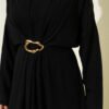Dress with Drawstring Front and Gold Buckle Black بالجملة dress view 4 - Hicabistan مصنع تركيا