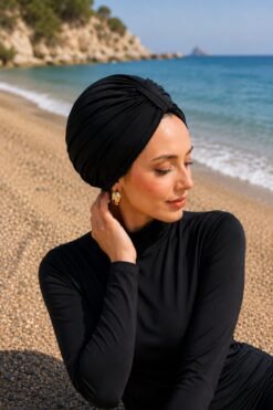 منظر بديل لـ Gathered Front Modest Swimsuit & Swim Cap Black