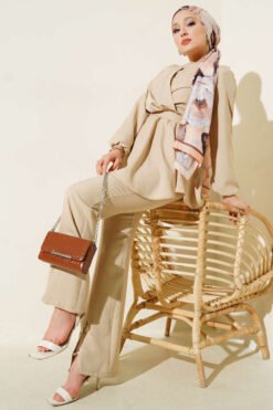 Cross Front Belted Two-Piece Set Beige al por mayor clothing set - Hicabistan fábrica Turquía