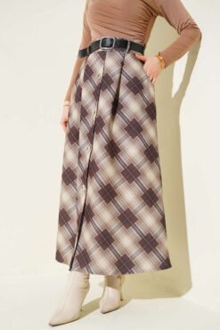 Button-Front Checkered Skirt Beige