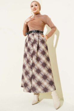 Vista alternativa di Button-Front Checkered Skirt Beige