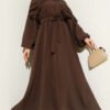 Ruffled Front Belted Dress Brown