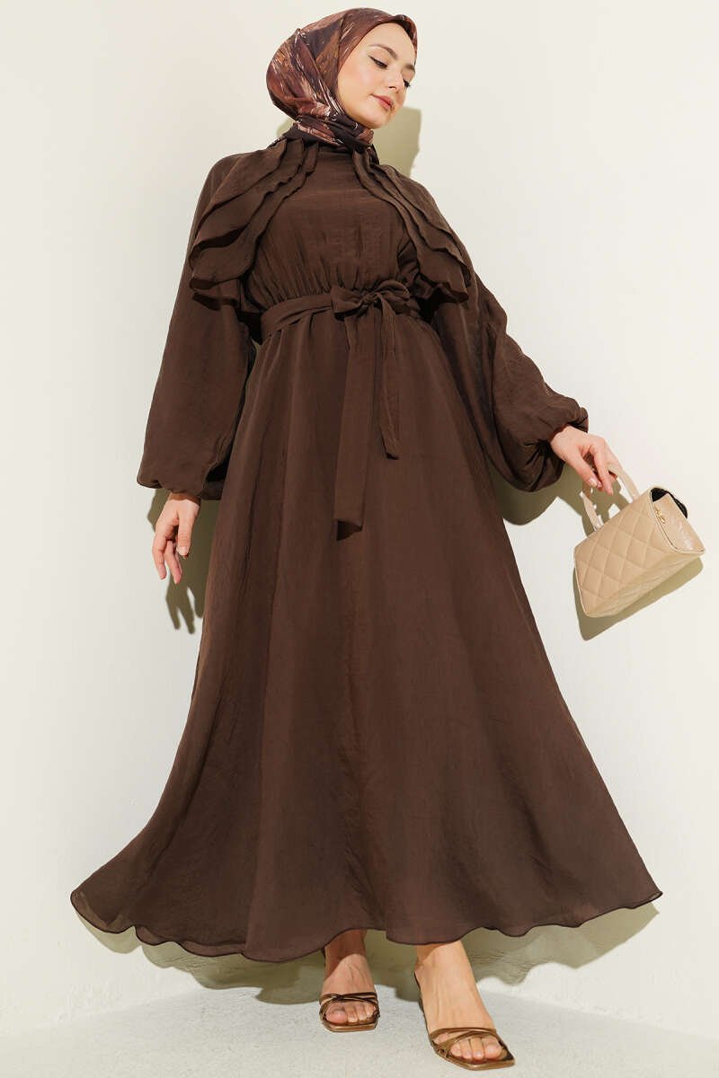 Ruffled Front Belted Dress Brown