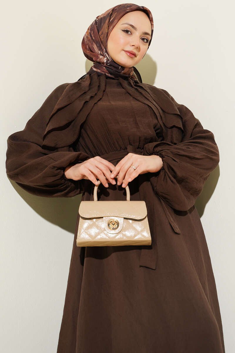 Ruffled Front Belted Dress Brown - Image 2