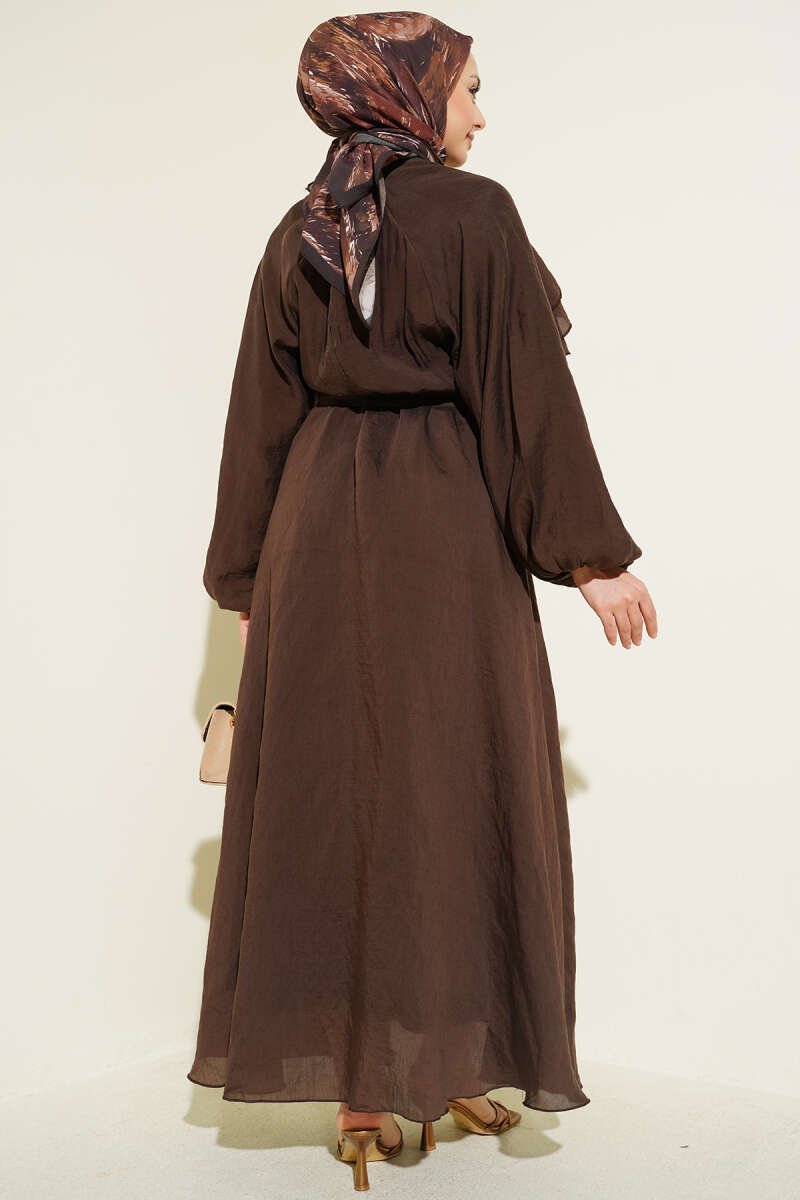 Ruffled Front Belted Dress Brown - Image 3