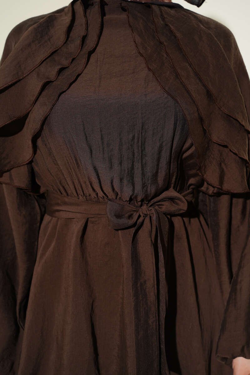 Ruffled Front Belted Dress Brown - Image 4