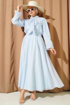 Ruffled Front Blouse and Skirt Set Baby Blue