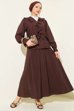 Ruffled Button Front Skirt Set Brown groothandel clothing set - Hicabistan Turkije fabriek