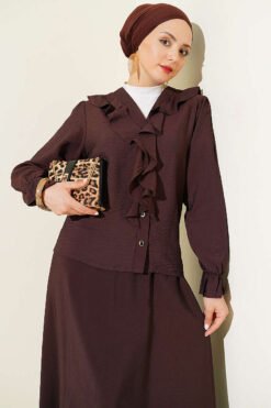 Ruffled Button Front Skirt Set Brown groothandel clothing set view 2 - Hicabistan Turkije fabriek