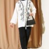 Embroidered Tied Muslin Kimono Ecru wholesale kimono view 2 - Hicabistan Turkey factory